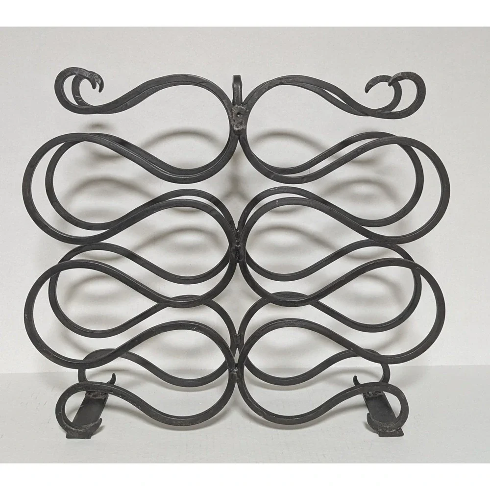 Vtg Hand-Forged Wrought Iron Scroll Design Table/Bar Top Wine Rack (Ten Bottles)
